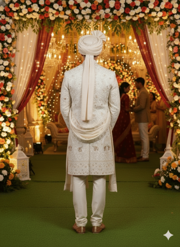 A man in a cream-colored sherwani with intricate embroidery, a matching pagri (turban), and a pearl necklace stands in front of a wedding arch decorated with flowers.