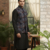 Men’s Midnight Mosaic Kurta Jacket Set featuring a navy kurta with printed Nehru jacket, ideal for festive and wedding occasions.