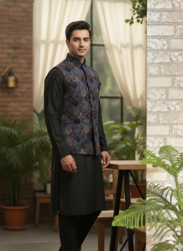 Men’s Midnight Mosaic Kurta Jacket Set featuring a navy kurta with printed Nehru jacket, ideal for festive and wedding occasions.