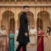 A man wearing a black brocade Indo-Western sherwani with gold buttons, standing confidently in a traditional palace courtyard decorated with marigold garlands and lights.
