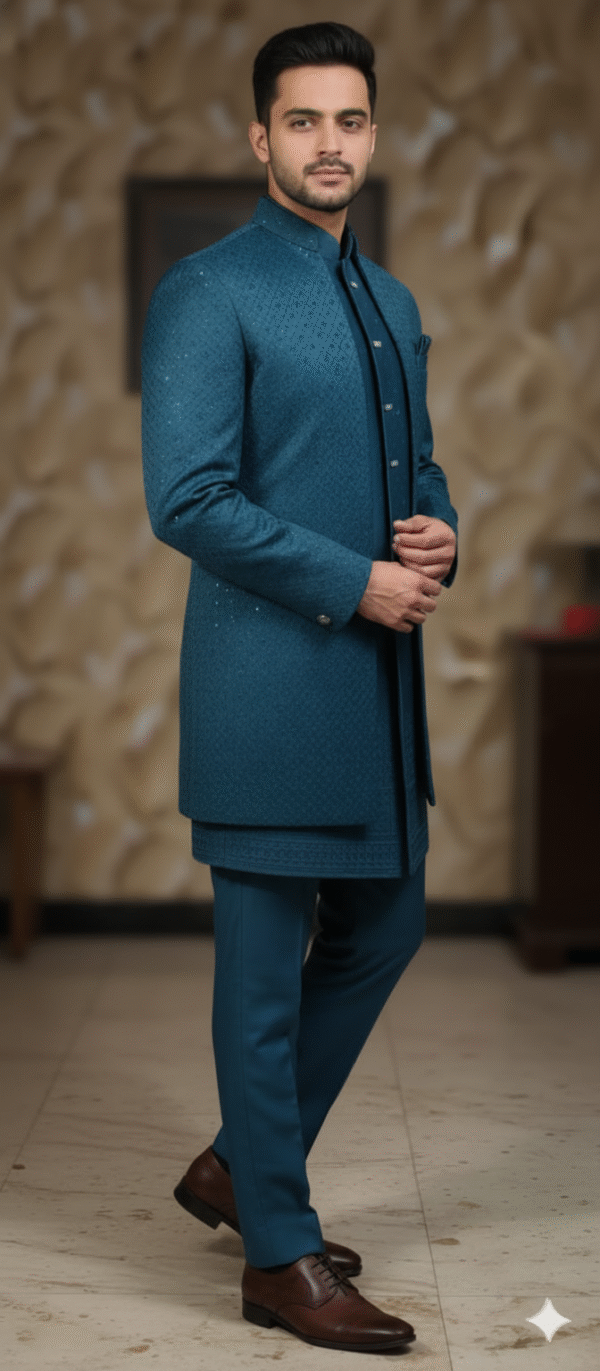 A man wearing a teal blue Indo-Western suit with a long jacket and matching pants, standing indoors.