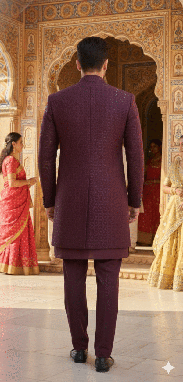 A man wearing a wine-colored embroidered Indo-Western sherwani set with a long jacket, standing in a traditional Indian architectural setting.