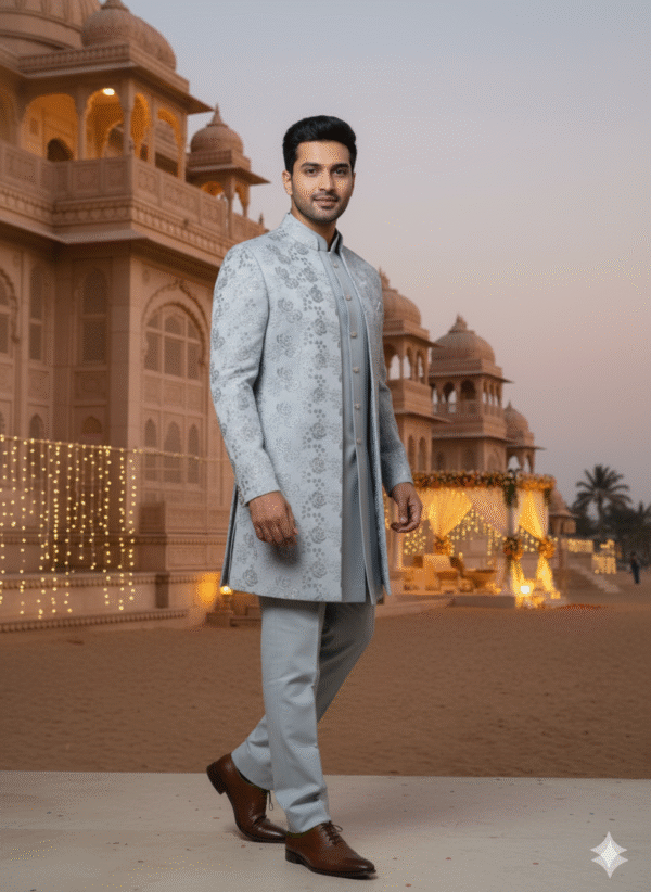 A man wearing a silver Indo-Western sherwani with intricate embroidery stands in front of a palace-like building at dusk.