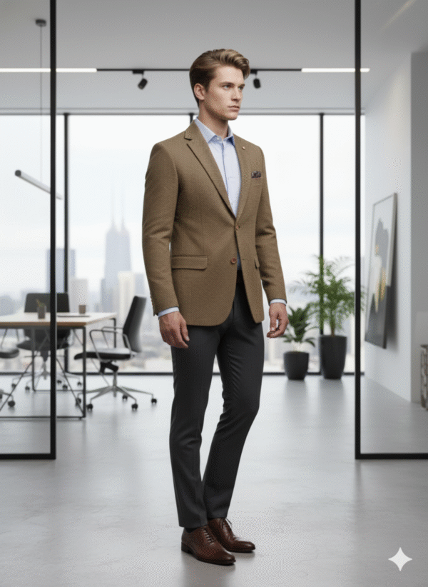 Man wearing a tan textured blazer suit paired with a light blue shirt and charcoal trousers, styled for a polished formal look.