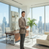 A well-dressed man wearing a checkered blazer, white shirt, and dark tie, standing in a modern office with large glass windows overlooking a city skyline.