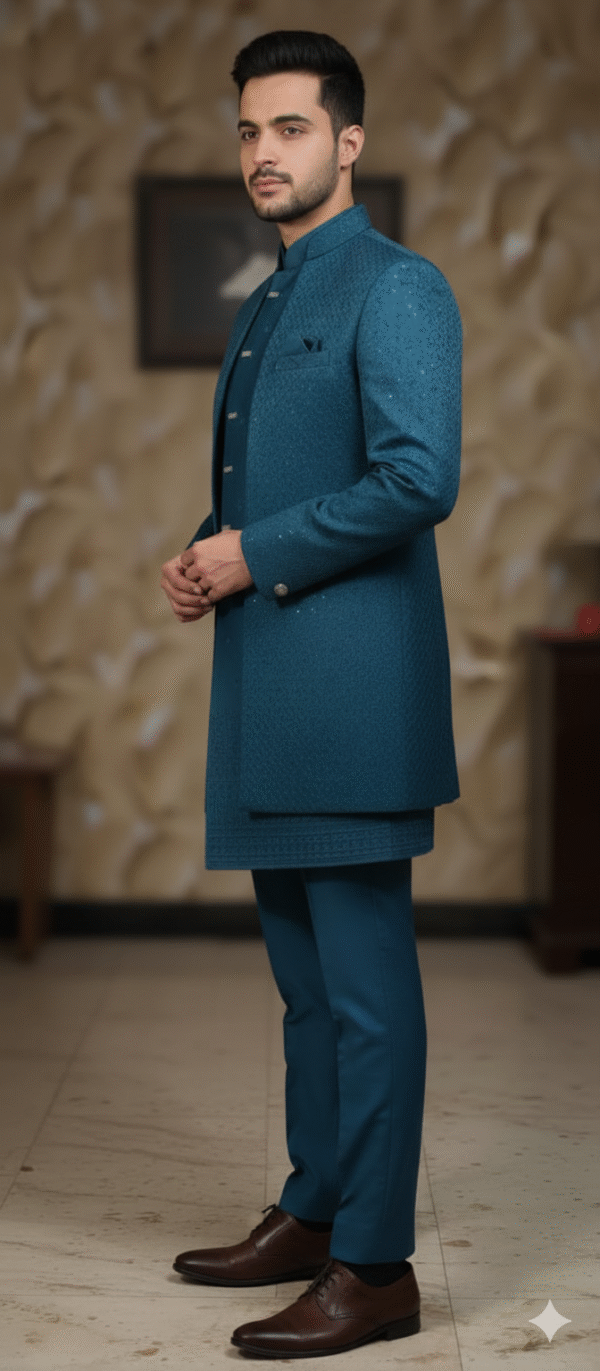 A man wearing a teal blue Indo-Western suit with a long jacket and matching pants, standing indoors.
