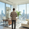 A well-dressed man wearing a checkered blazer, white shirt, and dark tie, standing in a modern office with large glass windows overlooking a city skyline.