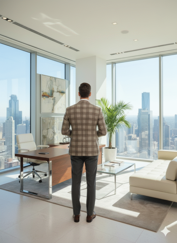 A well-dressed man wearing a checkered blazer, white shirt, and dark tie, standing in a modern office with large glass windows overlooking a city skyline.