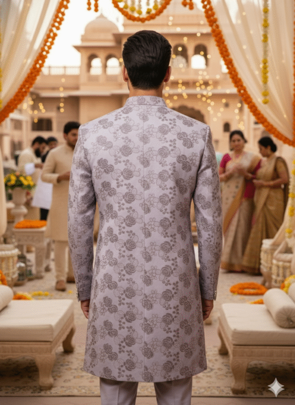 A man wearing a lavender floral embroidered sherwani with a mandarin collar, standing in a traditional wedding setting decorated with marigold garlands.