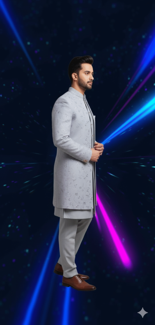 A man wearing a grey embroidered indo-western sherwani set, with a long jacket over a kurta and pants, standing against a dark background with blue and pink light streaks.