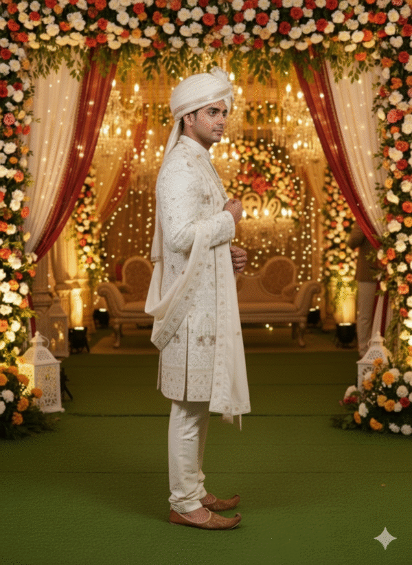 A man in a cream-colored sherwani with intricate embroidery, a matching pagri (turban), and a pearl necklace stands in front of a wedding arch decorated with flowers.