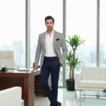 A well-dressed man in a modern office setting wearing a light grey check blazer, white shirt, navy trousers, and brown leather shoes, standing confidently beside a wooden desk with city skyline in the background.