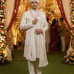 A man in a cream-colored sherwani with intricate embroidery, a matching pagri (turban), and a pearl necklace stands in front of a wedding arch decorated with flowers.
