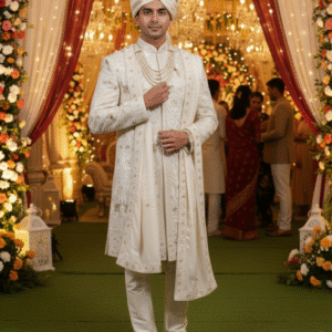 A man in a cream-colored sherwani with intricate embroidery, a matching pagri (turban), and a pearl necklace stands in front of a wedding arch decorated with flowers.