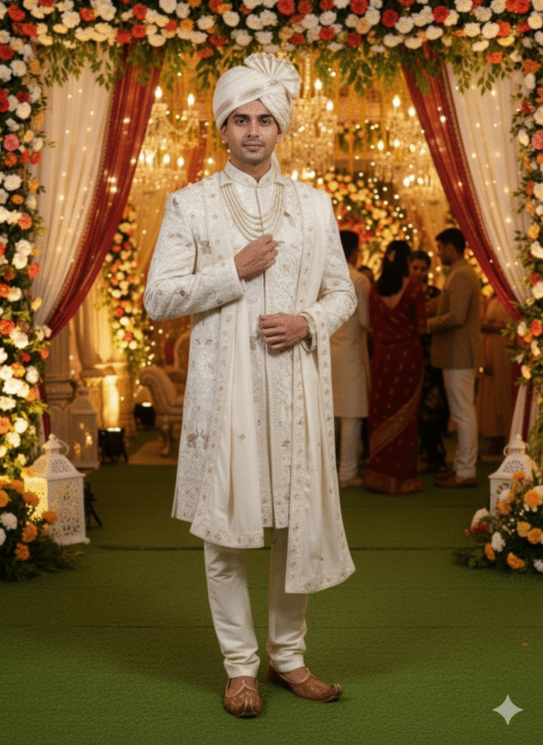 A man in a cream-colored sherwani with intricate embroidery, a matching pagri (turban), and a pearl necklace stands in front of a wedding arch decorated with flowers.