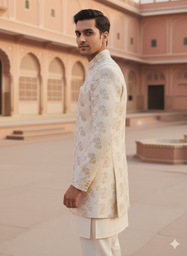 Cream-colored Indo-Western suit for men featuring a long embroidered jacket with golden floral patterns, worn with matching kurta and trousers in a heritage palace setting.