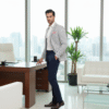 A well-dressed man in a modern office setting wearing a light grey check blazer, white shirt, navy trousers, and brown leather shoes, standing confidently beside a wooden desk with city skyline in the background.
