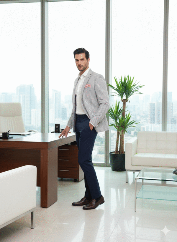 A well-dressed man in a modern office setting wearing a light grey check blazer, white shirt, navy trousers, and brown leather shoes, standing confidently beside a wooden desk with city skyline in the background.