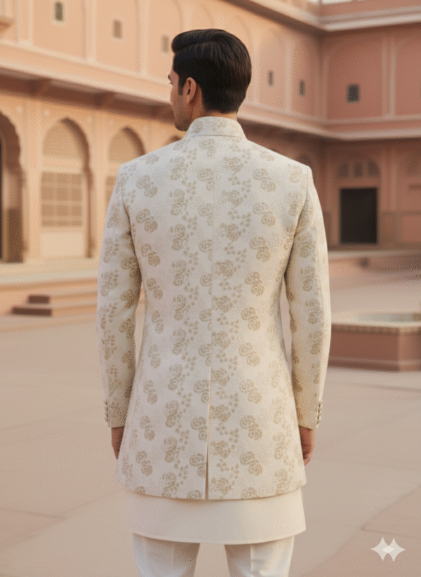 Cream-colored Indo-Western suit for men featuring a long embroidered jacket with golden floral patterns, worn with matching kurta and trousers in a heritage palace setting.