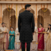 A man wearing a black brocade Indo-Western sherwani with gold buttons, standing confidently in a traditional palace courtyard decorated with marigold garlands and lights.