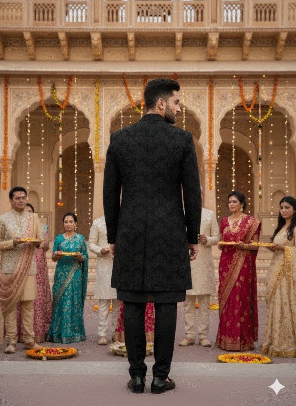 A man wearing a black brocade Indo-Western sherwani with gold buttons, standing confidently in a traditional palace courtyard decorated with marigold garlands and lights.