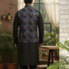 Men’s Midnight Mosaic Kurta Jacket Set featuring a navy kurta with printed Nehru jacket, ideal for festive and wedding occasions.