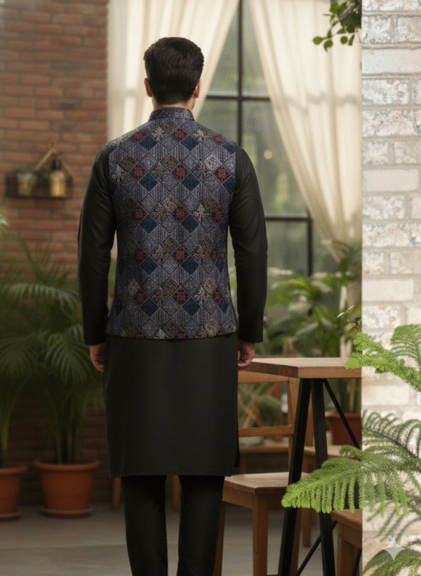 Men’s Midnight Mosaic Kurta Jacket Set featuring a navy kurta with printed Nehru jacket, ideal for festive and wedding occasions.