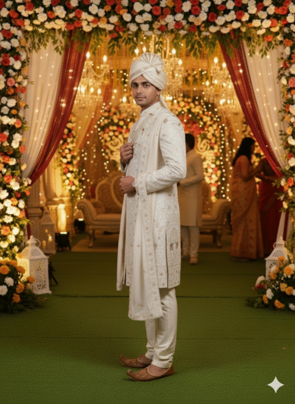 A man in a cream-colored sherwani with intricate embroidery, a matching pagri (turban), and a pearl necklace stands in front of a wedding arch decorated with flowers.