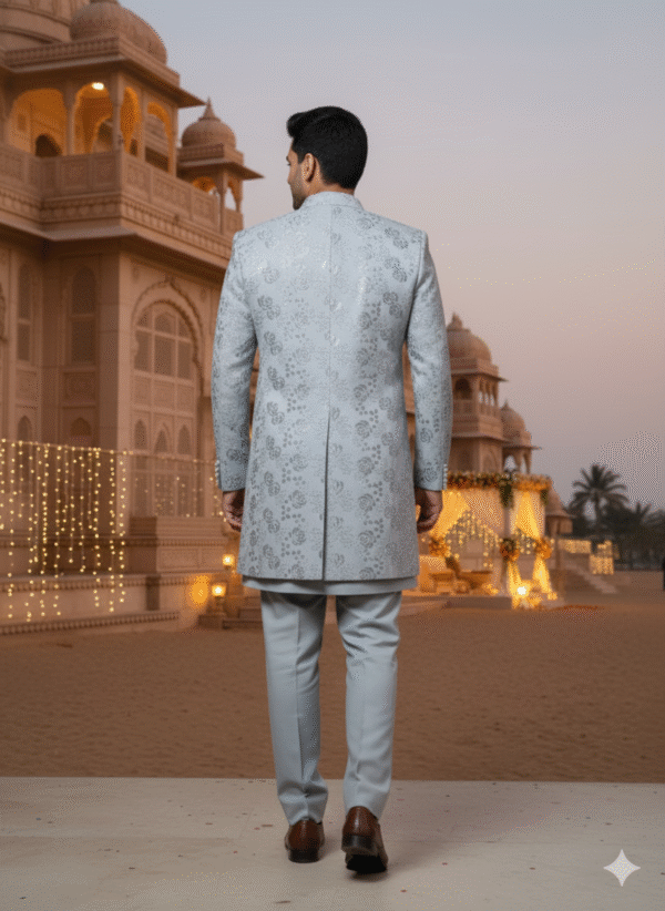 A man wearing a silver Indo-Western sherwani with intricate embroidery stands in front of a palace-like building at dusk.