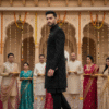 A man wearing a black brocade Indo-Western sherwani with gold buttons, standing confidently in a traditional palace courtyard decorated with marigold garlands and lights.