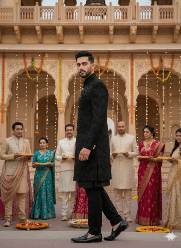 A man wearing a black brocade Indo-Western sherwani with gold buttons, standing confidently in a traditional palace courtyard decorated with marigold garlands and lights.