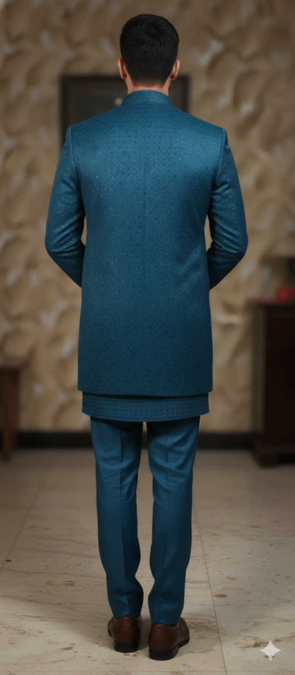 A man wearing a teal blue Indo-Western suit with a long jacket and matching pants, standing indoors.