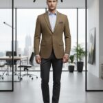 Man wearing a tan textured blazer suit paired with a light blue shirt and charcoal trousers, styled for a polished formal look.