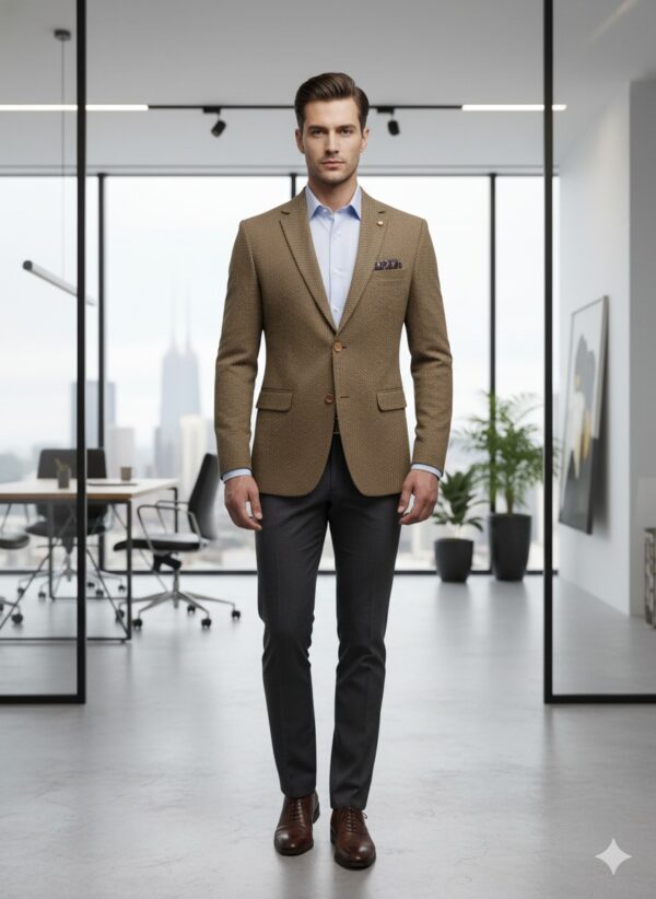 Man wearing a tan textured blazer suit paired with a light blue shirt and charcoal trousers, styled for a polished formal look.