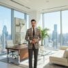 A well-dressed man wearing a checkered blazer, white shirt, and dark tie, standing in a modern office with large glass windows overlooking a city skyline.