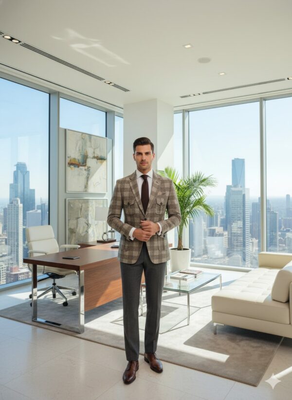 A well-dressed man wearing a checkered blazer, white shirt, and dark tie, standing in a modern office with large glass windows overlooking a city skyline.