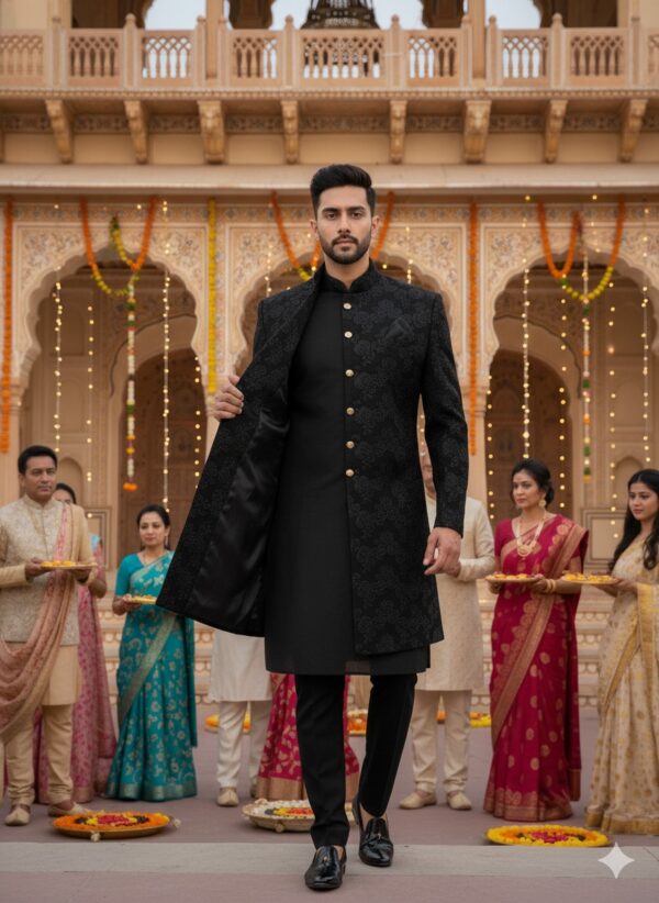 A man wearing a black brocade Indo-Western sherwani with gold buttons, standing confidently in a traditional palace courtyard decorated with marigold garlands and lights.