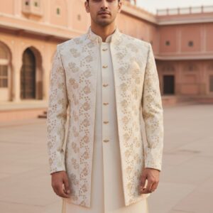 Cream-colored Indo-Western suit for men featuring a long embroidered jacket with golden floral patterns, worn with matching kurta and trousers in a heritage palace setting.