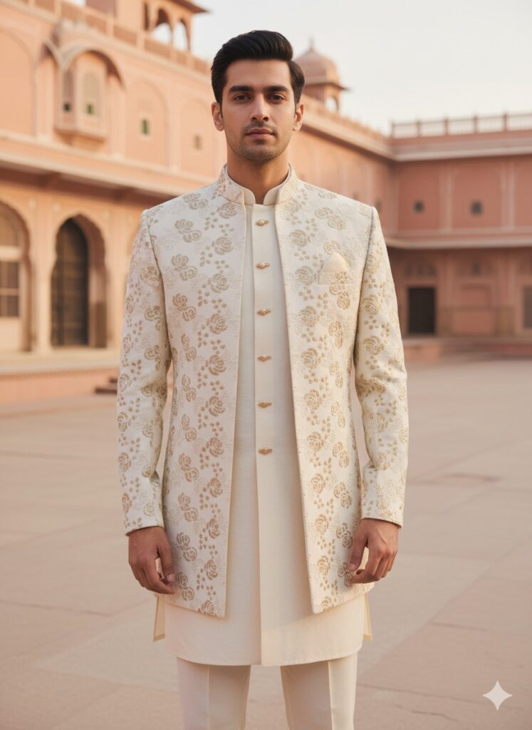 Cream-colored Indo-Western suit for men featuring a long embroidered jacket with golden floral patterns, worn with matching kurta and trousers in a heritage palace setting.