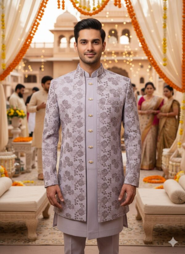 A man wearing a lavender floral embroidered sherwani with a mandarin collar, standing in a traditional wedding setting decorated with marigold garlands.