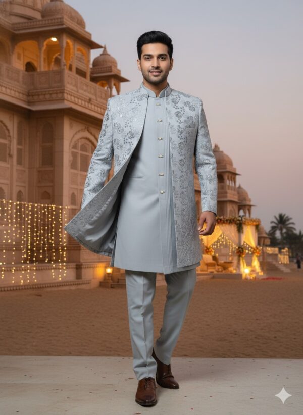 A man wearing a silver Indo-Western sherwani with intricate embroidery stands in front of a palace-like building at dusk.