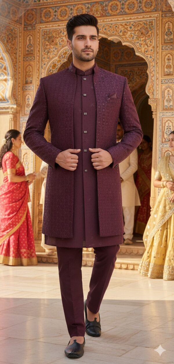 A man wearing a wine-colored embroidered Indo-Western sherwani set with a long jacket, standing in a traditional Indian architectural setting.