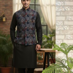 Men’s Midnight Mosaic Kurta Jacket Set featuring a navy kurta with printed Nehru jacket, ideal for festive and wedding occasions.