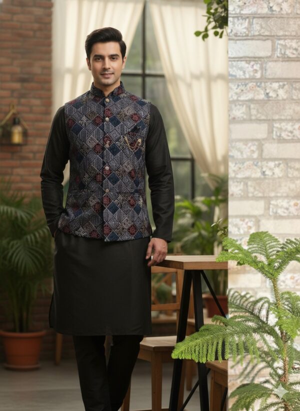 Men’s Midnight Mosaic Kurta Jacket Set featuring a navy kurta with printed Nehru jacket, ideal for festive and wedding occasions.