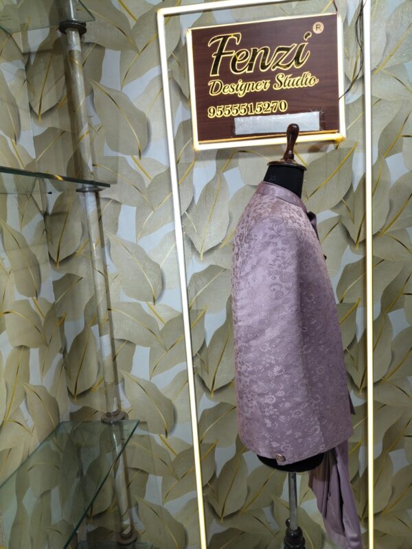 Lavender silk blend embroidered Indo-Western suit for men displayed on mannequin at Fenzi Designer Studio.
