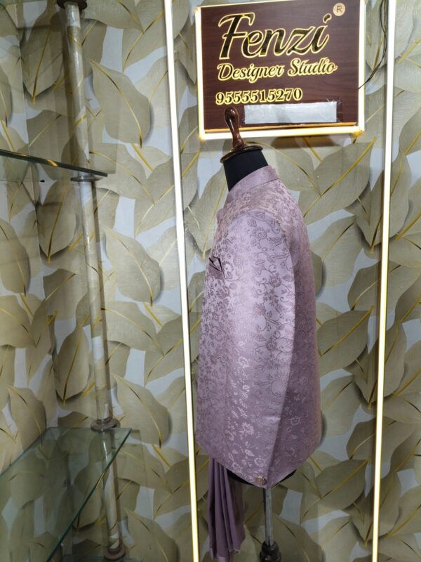 Lavender silk blend embroidered Indo-Western suit for men displayed on mannequin at Fenzi Designer Studio.