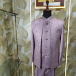 Lavender silk blend embroidered Indo-Western suit for men displayed on mannequin at Fenzi Designer Studio.z