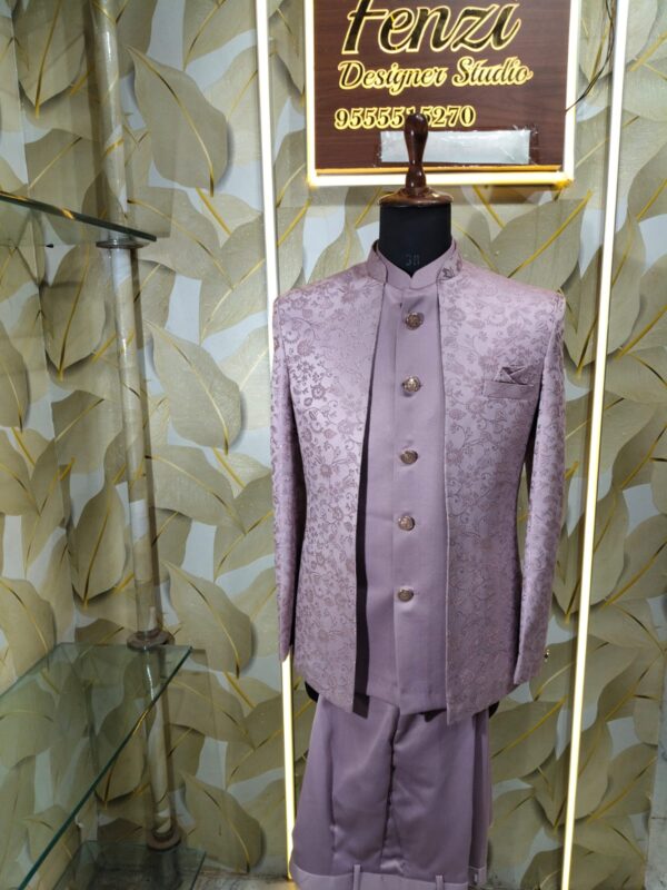 Lavender silk blend embroidered Indo-Western suit for men displayed on mannequin at Fenzi Designer Studio.z