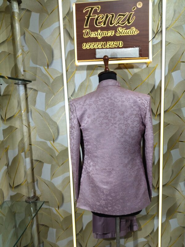 Lavender silk blend embroidered Indo-Western suit for men displayed on mannequin at Fenzi Designer Studio.