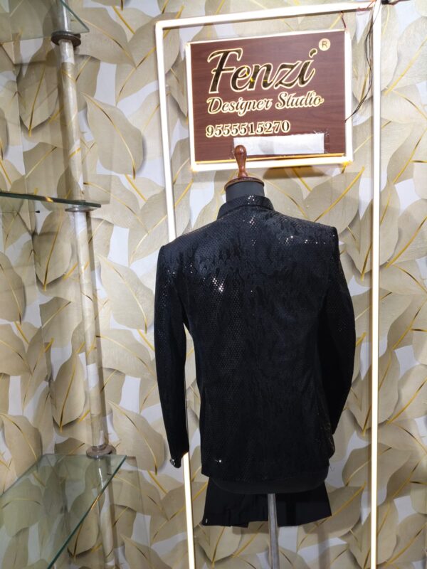 Elegant Midnight Black Textured Indo-Western Suit for Men displayed on mannequin at Fenzi Designer Studio.